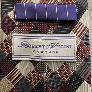 Roberto Villini Couture 100% Silk Tie Men's Burgundy Grey Black Quilt Pattern